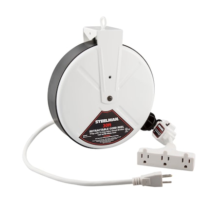 30-Foot Retractable Cord Reel With Triple Tap And 13A Inline Circuit Breaker
